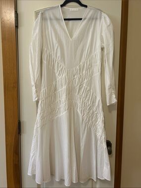 Merlette Women's White V-Neck Ruched Midi Dress Flattering Crossover Pattern